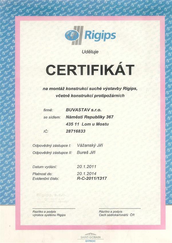 Certifikát suchá výstavba Rigips